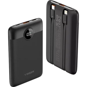 Veger – C11 – 10,000mAh 22.5W PD Digital Display Light Weight Powerbank With Built In Non-MFI Lightning & USB-C Cable – Black