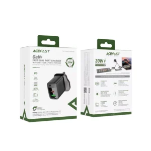 Acefast - 30W GaN USB-C Power Delivery & USB Qualcomm 3-Pin UK Charging Plug - Black